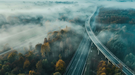 Aerial panorama of a highway overpass with morning fog rolling over the landscapeの素材