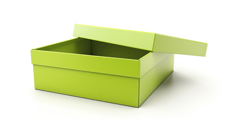 Bright green cardboard box with lid slightly open on a clean, white backgroundの素材