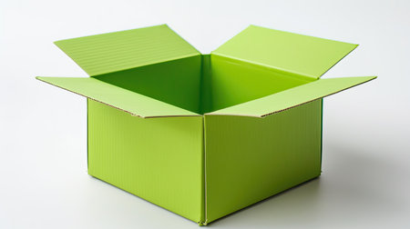 Bright green cardboard box with lid slightly open on a clean, white backgroundの素材