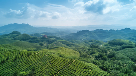 Aerial view of Guangxi Province tea garden with lush green plants and blue skyの素材