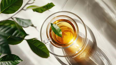 Aromatic tea in a clear glass cup with fresh green leaves on a white surfaceの素材