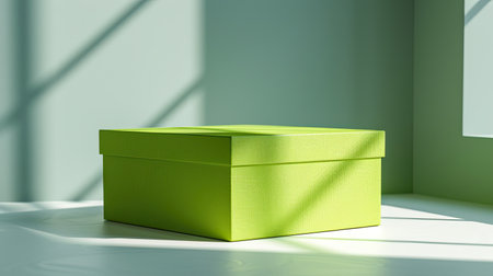 Bright green colored cardboard box, side view on a white surfaceの素材