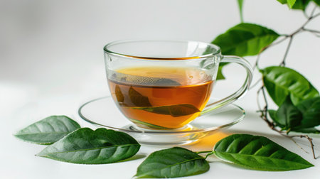 Aromatic tea in glass cup with green leaves arranged on white backgroundの素材
