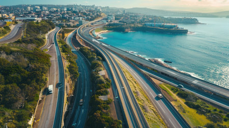 Aerial panorama of highway overpass with beautiful coastal city in the distanceの素材