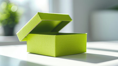 Close-up of a bright green cardboard box with an open lid on a white surfaceの素材