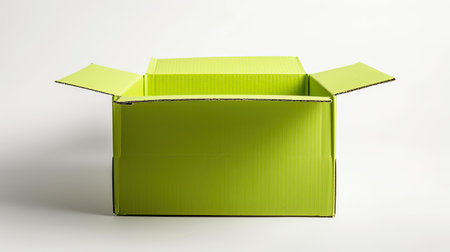Bright green cardboard box partially folded on a white backgroundの素材