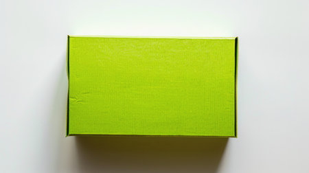 Bright green colored cardboard box, top view on a white surfaceの素材