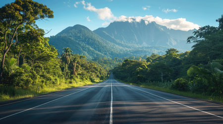 Asphalt road through a lush forest with distant mountains under a blue skyの素材