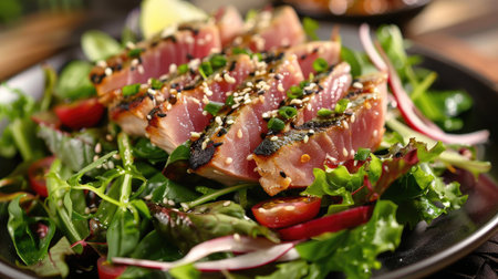 Gourmet seafood salad featuring seared tuna, mixed greens, and a sesame ginger dressingの素材