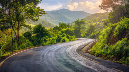 Countryside asphalt road winding through lush green forest with mountain backdrop on a sunny dayの素材