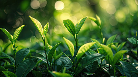 Close-up of fresh green tea shoots in a lush tea gardenの素材