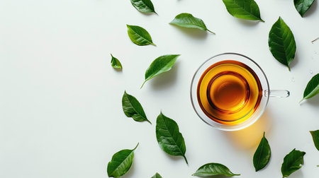 Aromatic tea in glass cup and green leaves scattered on white backgroundの素材