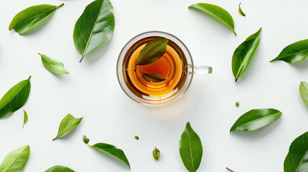 Glass cup of aromatic tea and green leaves scattered on white backgroundの素材