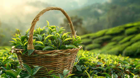 Freshly picked tea shoots in a basket against a green landscapeの素材