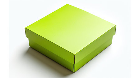 Bright green cardboard box in a simple, elegant design on a white backgroundの素材