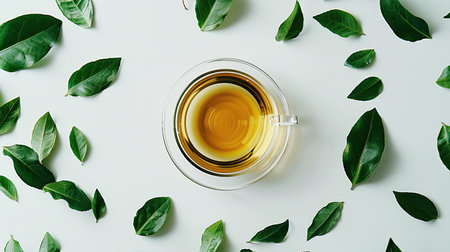 Clear glass cup of tea surrounded by green leaves on a pure white backgroundの素材
