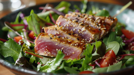 Gourmet seafood salad featuring seared tuna, mixed greens, and a sesame ginger dressingの素材