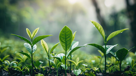 Bright tea shoots with lush greenery in the backgroundの素材