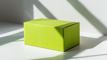 Bright green cardboard box with shadows cast on a white surfaceの素材