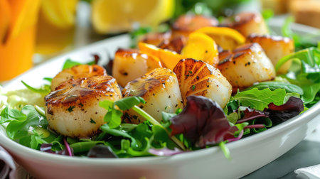 Gourmet seafood salad with grilled scallops, mixed greens, and a citrus vinaigretteの素材