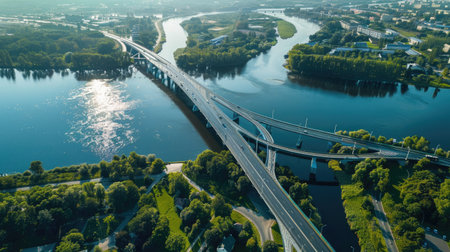 Highway overpass crossing a wide river, seen in an expansive aerial panoramaの素材