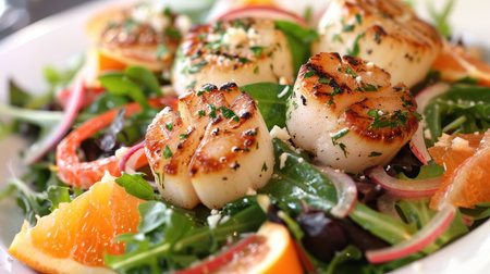 Gourmet seafood salad with grilled scallops, mixed greens, and a citrus vinaigretteの素材