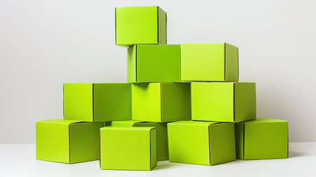 Stack of bright green cardboard boxes on a white backgroundの素材