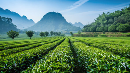 Guangxi Province tea garden with lush green rows of tea plants and clear skyの素材