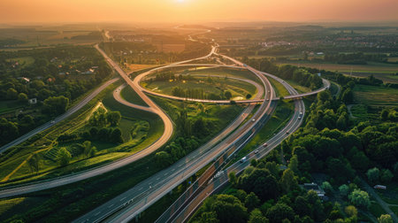 Panorama aerial view of highway overpass curving through lush green landscape at sunsetの素材