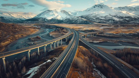 Stunning aerial view of a highway overpass against a backdrop of snow-capped mountainsの素材