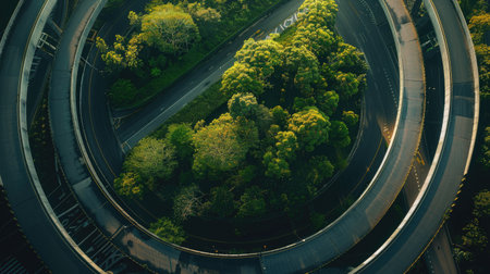 Highway overpass blending into a picturesque urban park, seen from the airの素材