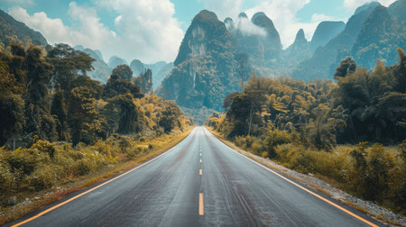 Serene asphalt road cutting through dense green forest with towering mountains in the distanceの素材
