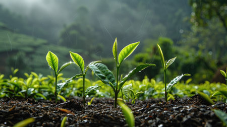 Young tea shoots sprouting in a fertile tea gardenの素材