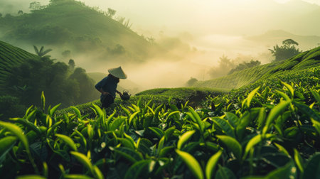 Worker harvesting tender tea shoots in a traditional tea fieldの素材