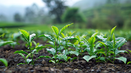Young tea shoots sprouting in a fertile tea gardenの素材
