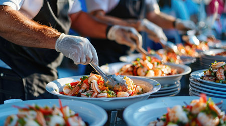 Vendor plating seafood salads for customers at a food fairの素材