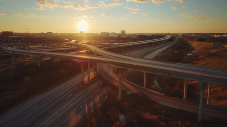 Scenic aerial panorama of highway overpass during golden hourの素材