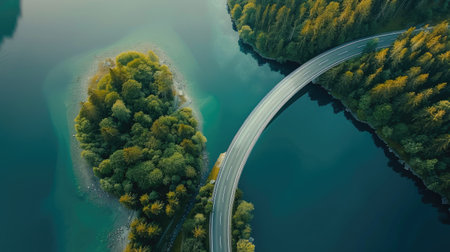 Stunning aerial view of highway overpass curving through a serene lake regionの素材
