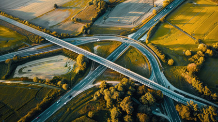 Highway overpass cutting through an agricultural landscape, captured in an aerial panoramaの素材