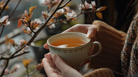 Woman's hand holding a cup of hot black tea infused with bergamot, capturing tea's soothing essenceの素材