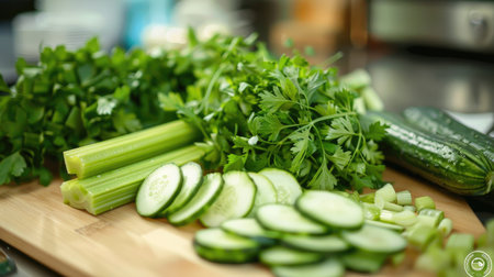 Rich selection of fresh vegetables including cucumber, celery, and asparagus, with hints of bergamot for added flavorの素材