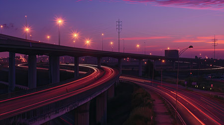 Stunning panorama of highway overpass illuminated by street lights at twilightの素材