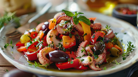 Vibrant seafood salad with octopus, bell peppers, and olives, drizzled with olive oilの素材