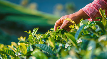Woman's hand gathering freshly plucked tea leaves, focusing on herbal agricultureの素材