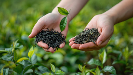 Woman's hand holding freshly picked black and green tea leaves, illustrating herbal agricultureの素材