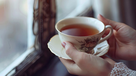 Woman's hand holding a soothing cup of black tea infused with bergamot, perfect for relaxationの素材