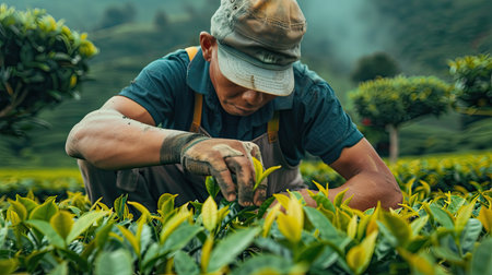 Worker carefully selecting tea shoots in an organic tea farmの素材