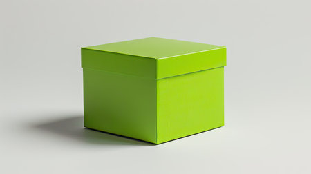 Small bright green cardboard box with a glossy finish on a white backgroundの素材