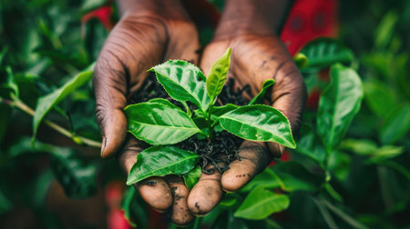 Woman's hand holding freshly picked black and green tea leaves, highlighting herbal agricultureの素材