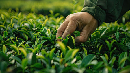 Worker handpicking tender tea shoots in a verdant fieldの素材
